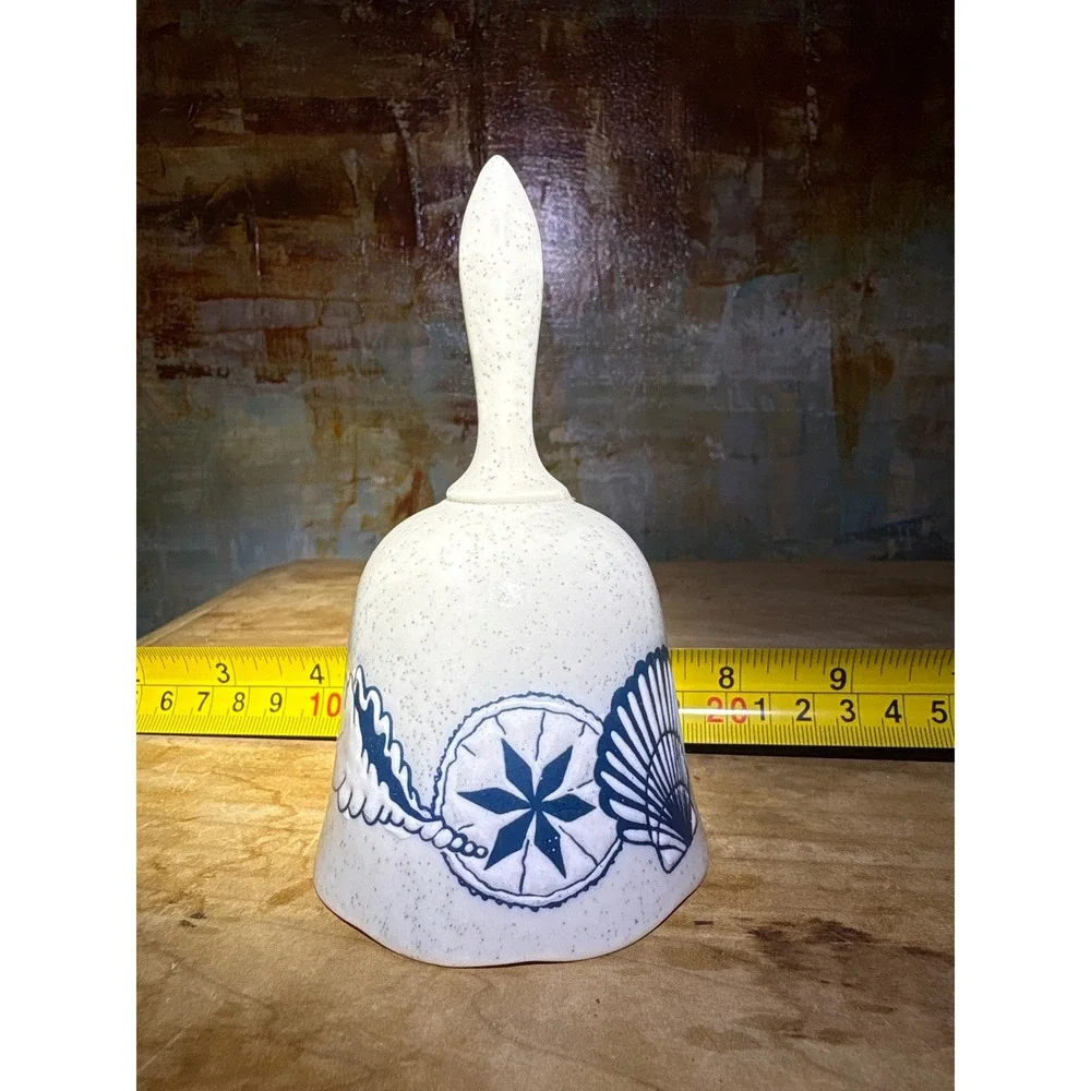 Vintage Coastal Ceramic Dinner Bell Blue Seashell Speckled White
